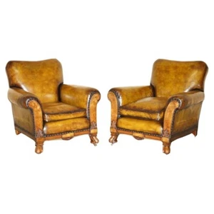 FINE & IMPORTANT PAIR OF ANTIQUE HAND CARVED BURR WALNUT BROWN LEATHER ARMCHAIRS - Picture 1 of 24