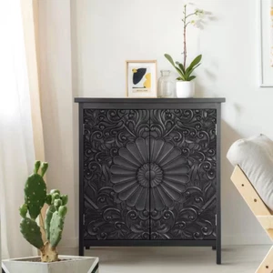 36.4 in. Floral Black Accent Storage Cabinet with 2-Door - Picture 1 of 12