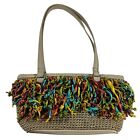 Small Straw Bag Bright Colorful Fringe 2 Handles 10 by 4 1/2  Snazzy Retro Teen
