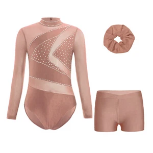Kids Girls Unitard Practice Leotard With Shorts Exercise Rompers And Hair Tie - Picture 1 of 16