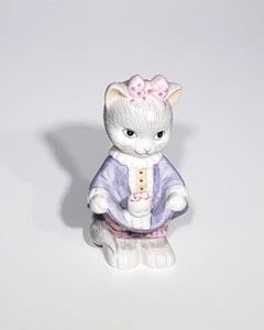 VTG 1993 BC Bronson Ceramic Cat In Dress W/ Kitten Polka Dot Bow Figurine 3.25" - Picture 1 of 6