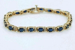 Tennis Bracelet 10Ct Blue Sapphire & Created Diamond 14k Yellow Gold Over 7 Inch - Picture 1 of 2