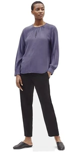 Neu mit Etikett Eileen Fisher blau Schiefer Seide Georgette Krepp Rundhalsausschnitt Top Größe XL $ 338 - Bild 1 von 5