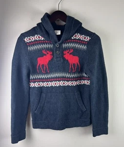 VINTAGE Abercrombie Sweater Youth Large Blue Red Moose Hooded - Picture 1 of 8