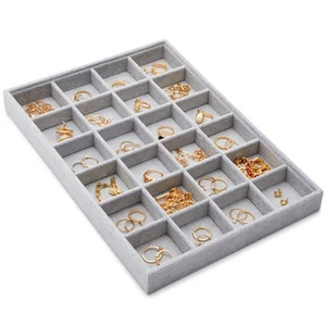 Velvet Jewelry Tray, Stackable 24 Grid Organizer (Gray, 14x10 in) - Picture 1 of 10