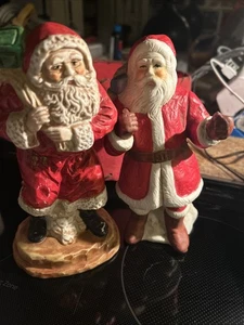Complimentary Pair 8” Ceramic Santa Figurines Rustic Warm Faces - Picture 1 of 10
