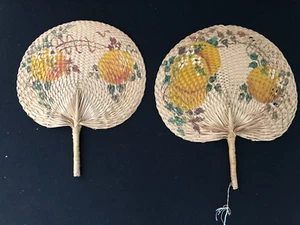 Vintage Pair of Wicker/Straw Woven Palm Leaf Hand Fan, Hand Painted, Wall Deco - Picture 1 of 5