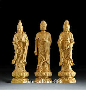 8" China Boxwood Wood 3 Shakyamuni Amitabha Buddha Buddhism Guan Yin Goddess Set - Picture 1 of 5
