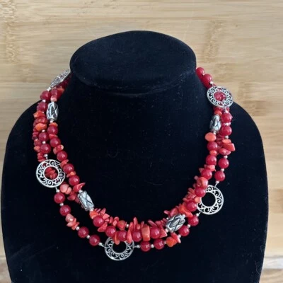 Premier Designs 18” Triple Strand Necklace w/ Coral, Red Acrylic, & Silver Tone - Image 1 of 4