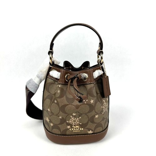 Coach Dempsey Borsa a secchiello con coulisse 15 in tela Sig stampa fiocco di neve CN679