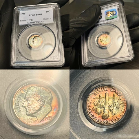 PR66 1955 10C Roosevelt Silver Proof Dime, PCGS Secure- Rainbow Toned Cover