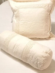 Clever Carriage Home White French Crochet Ivory Quilted Roll Pillow & Square Set - Picture 1 of 5