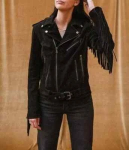Women Black Pure Soft Suede Leather Fringe Jacket Western Style Jacket WLJ-168 - Picture 1 of 4