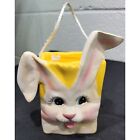 Vintage Hand Painted Ceramic Bunny Rabbit Vase Bag 3D Easter Yellow Pink White