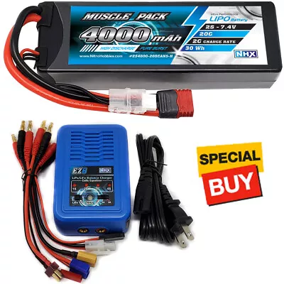 NHX Muscle Pack 2S 7.4V 4000mAh 20C Lipo Battery w/ DEANS Plug / EZ6 Charger - Image 1 of 4