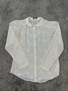 Vtg Langtry Top Womens 13/14 White Floral Embroidered Wired Collar Blouse USA - Picture 1 of 9