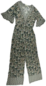Chelsea & Violet Women's Size Small Green Paisley Bell Sleeve V-Neck Jumpsuit - Picture 1 of 9