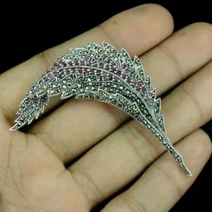 Silver Brooch Ruby Genuine Natural Gems Marcasite Encrusted Solid Sterling Leaf - Picture 1 of 24