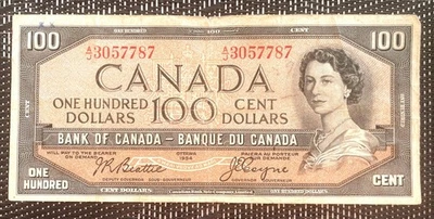 Billete de Canadá 1954, $100, Beattie/Coyne, A/J3057787 Foto 1 de 2