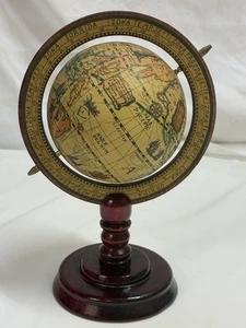 Vintage Desk Globe Cherry Wood Base Brass Pins 10.5 Inch Height - Picture 1 of 17