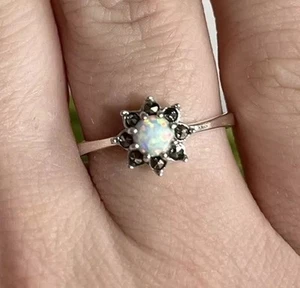 Fire Opal Marcasite Gemstone Ring 925 Sterling Silver Size L Stunning Crystal - Picture 1 of 4