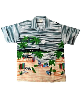 Vintage 90s Surf Print Hawaiihemd Herren Large Palm Trees & Woody Cars Beach - Bild 1 von 10
