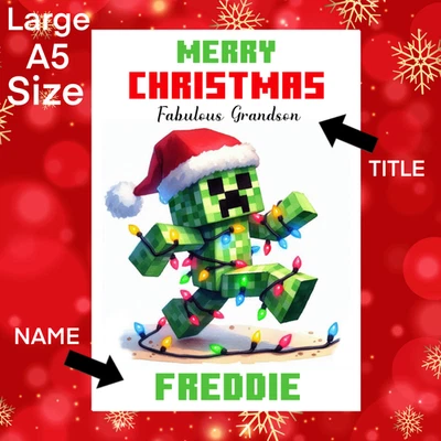 FLUFFY-HIPPO Minecraft Creeper Christmas Card Boys Personalised Grandson Son Brother Nephew