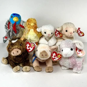 Vintage Ty Beanie Babies Farm Animals Lot Of 7 Plushies 1996~2004 Assorted Lot - Picture 1 of 10