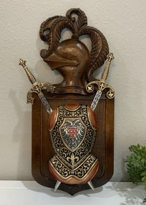 Vintage Mittelalter geschnitztes Holz Wappen Schild Schwert Fleur de Lis Wandbild hängend - Bild 1 von 8