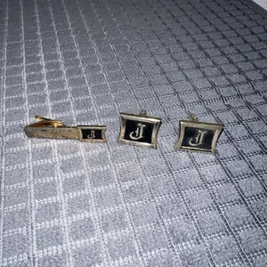 Alte englische Vintage J Buchstabe Name Initiale Manschettenknöpfe Krawatte Set schwarz gold Hickok - Bild 1 von 6