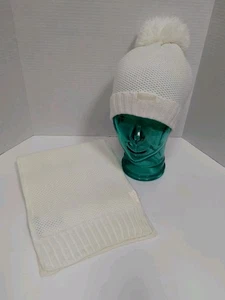 DKNY Woman Knit Beanie Scarf Ivory Long Go PomPom Ribbed Cuff 2 Pc Set - Picture 1 of 11
