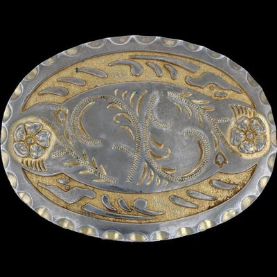 Cowboy Cowgirl Rancher Floral Western Ranch Rodeo Engraved Styl Vtg Belt Buckle - Image 1 of 3