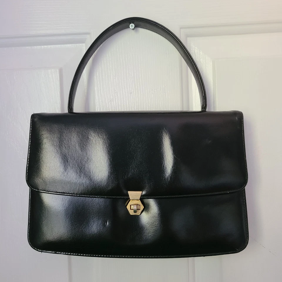 Bolsa de mão vintage 1950 Canadá MCM preta couro envernizado estruturado tamanho M clássica - Imagem 1 de 4