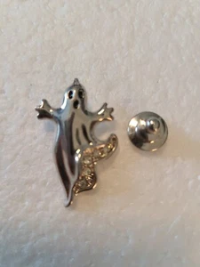 GHOST SILVER TONE GHOST WITH CLEAR RHINESTONES BY AVON LAPEL PIN/TIE HALLOWEEN - Picture 1 of 11