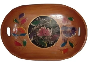 REDUCED!  VtgMexican Hand Painted Tole Art Wooden Tray With Handle Cutouts GUC - Picture 1 of 6