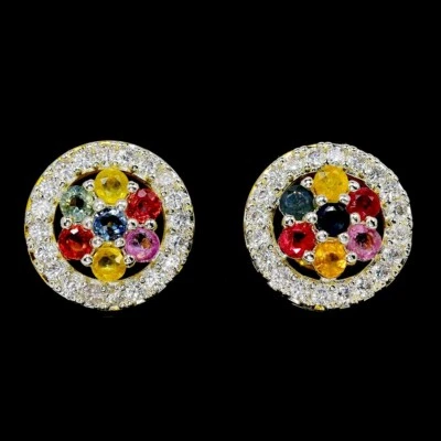 GENUINE AAA MULTI COLOR SAPPHIRE & WHITE CZ STERLING 925 SILVER FLOWER EARRING - Image 1 of 4