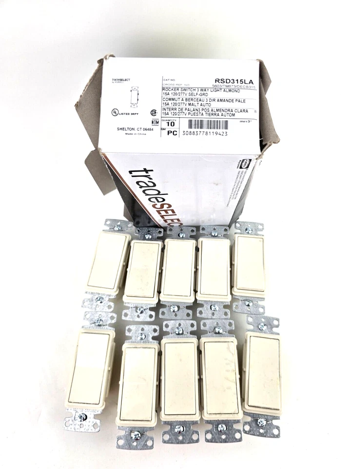 10pcs Hubbell Lt Almond Decorator Smooth Rocker 3-Way Light Switch 15A RSD315LA - Image 1 of 2