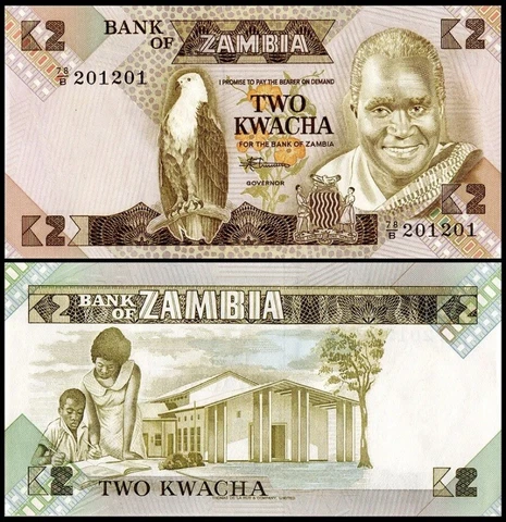 ZAMBIA 2 Kwacha, 1987, P-24, Banknote, UNC World Currency Cover