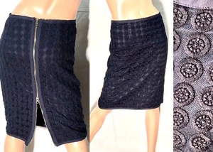 ADIVA Navy Blue Embroidered Mesh Overlay Zippered Back Straight Pencil Skirt~8 - Picture 1 of 11