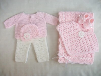 Crochet Baby Set - Blanket Sweater Poncho Pants Hat Booties 0-3m Handmade Gift - Image 1 of 4