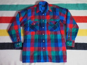 VTG 70s Retro Teal Red Plaid Wool Lined Quilted Button Outdoor Shirt Mens LT - Picture 1 of 7