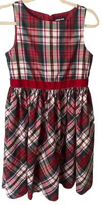 Lands End Girls SZ 16 Dress Holiday Plaid Red Green Velvet Waist Gathered Lined - Image 1 of 4