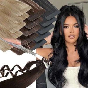 Tape in Human Hair Extensions Invisible Skin Weft Remi Hair Black/Brown/Blonde - Picture 1 of 76