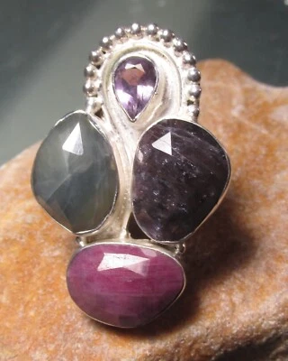 Sterling silver 18gr ruby, quartz, agate & faceted amethyst ring UK O½/US 7.5 - Image 1 of 4