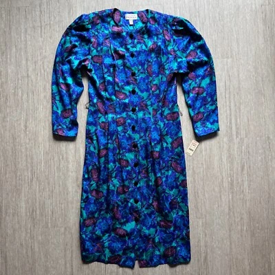 Vintage Adrianna Papell Silk Dress Floral Blue 10 NWT Button Front Midi Long Slv - Image 1 of 4