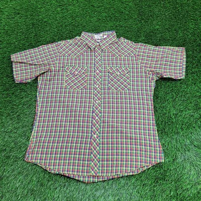 Vintage 80s LEE Disco Hippie Button Shirt XL 23x30 Rainbow Check - Image 1 of 4