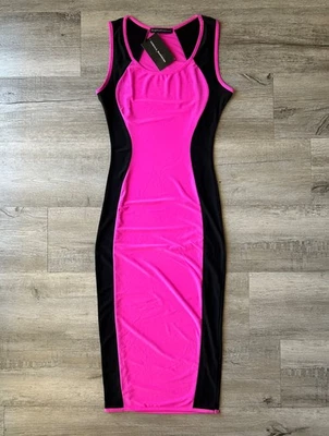 Vestido Symphony Rosa Caliente con Lados Recortados Negros Bodycon Midi, Mediano Nuevo con Etiquetas Foto 1 de 4