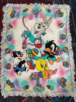 Vintage Looney Toons Crib Blanket 1996 Warner Brs,  Bugs Bunny, Sylvester,tweety - Image 1 of 2