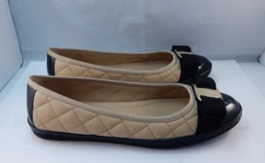 Salvatore Ferragamo ITALY Beige Quilted Black Patent Bow Flat Shoes Size 5 M - Picture 1 of 12