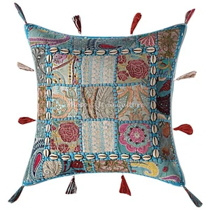 Patchwork Floor Pillows Cases Cowrie Shell Boho Room Decorative Cushion Cover - Picture 1 of 5